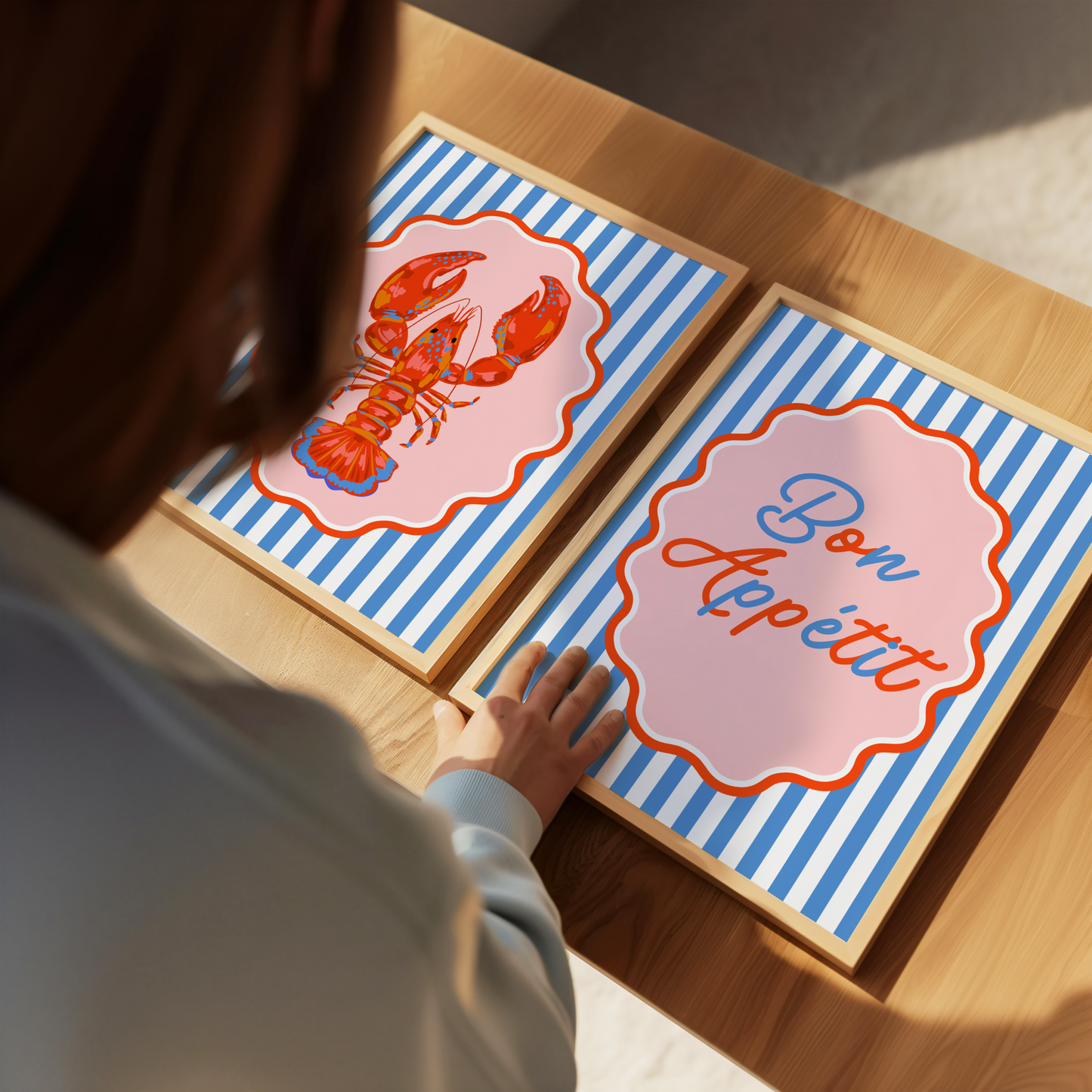 Red Lobster on Nautical Stripes Poster Print